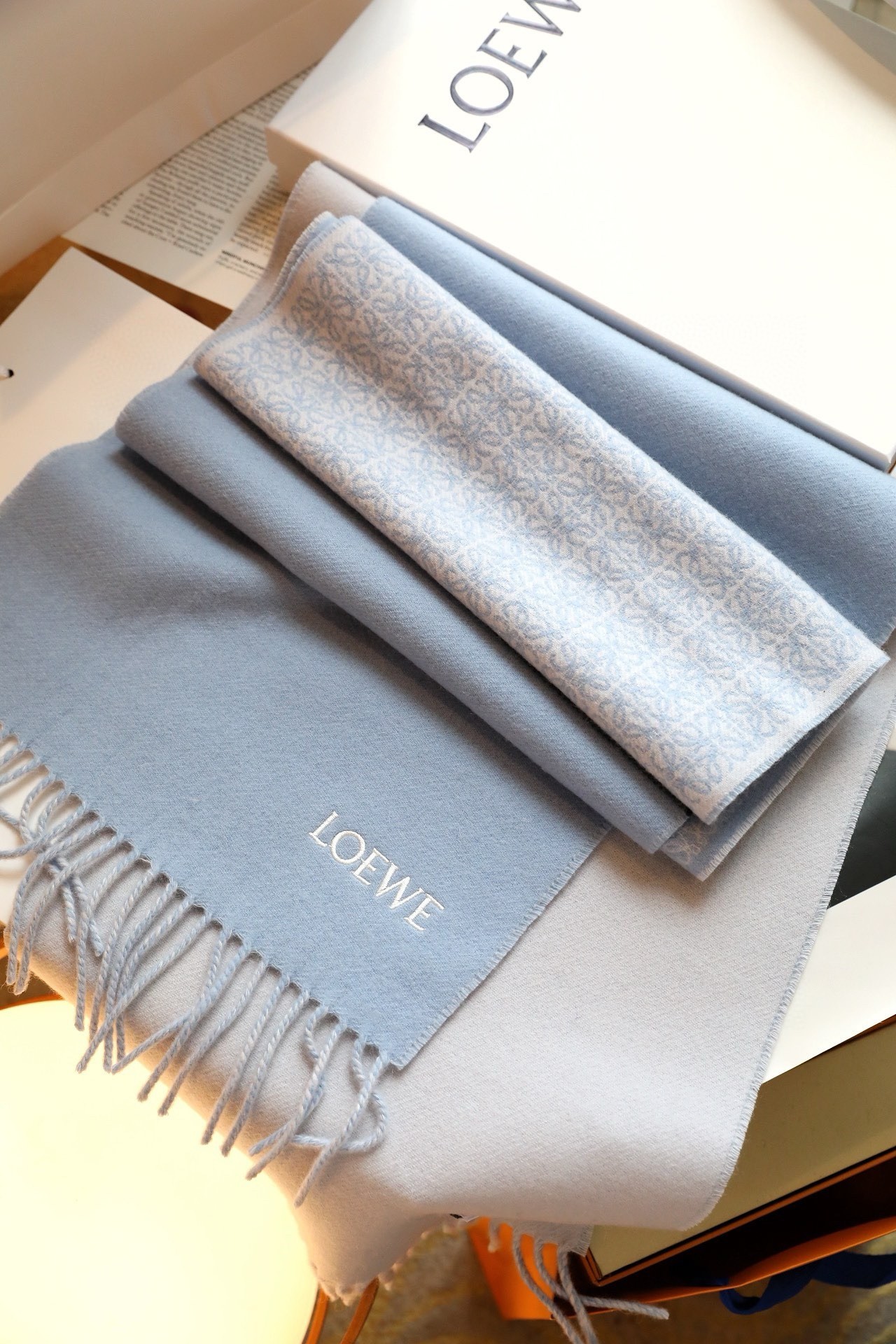 L0ew* anagram scarf in baby blue wool and cashmere