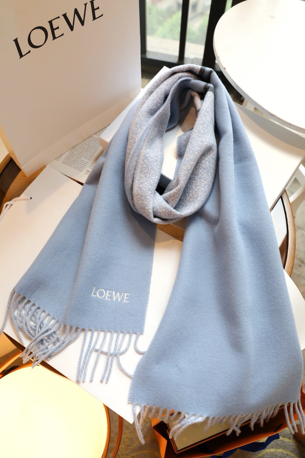 L0ew* anagram scarf in baby blue wool and cashmere