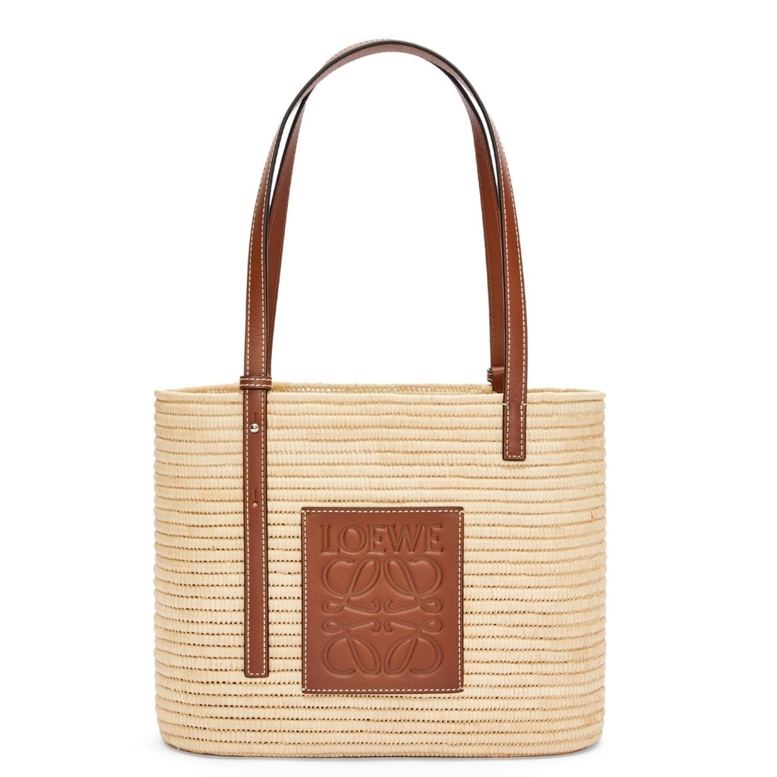 L0ew* small square basket bag in raffia and brown calfskin