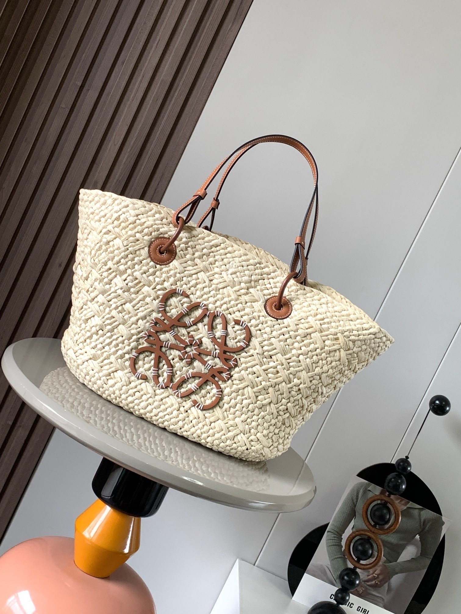 L0ew* medium anagram basket bag in iraca palm and brown calfskin