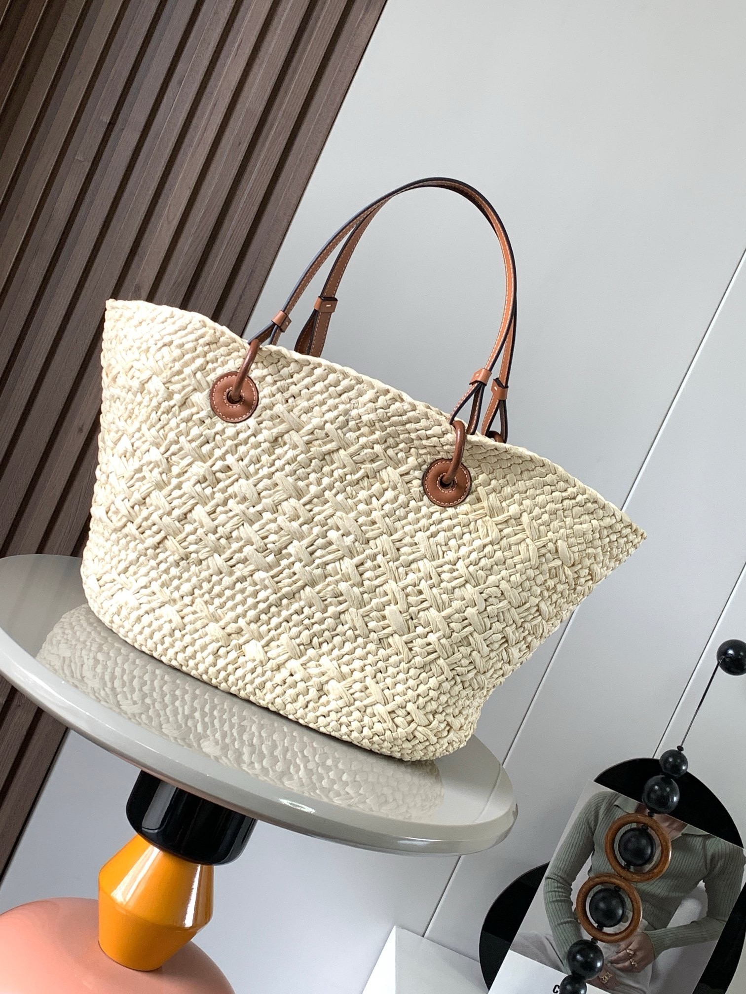 L0ew* medium anagram basket bag in iraca palm and brown calfskin