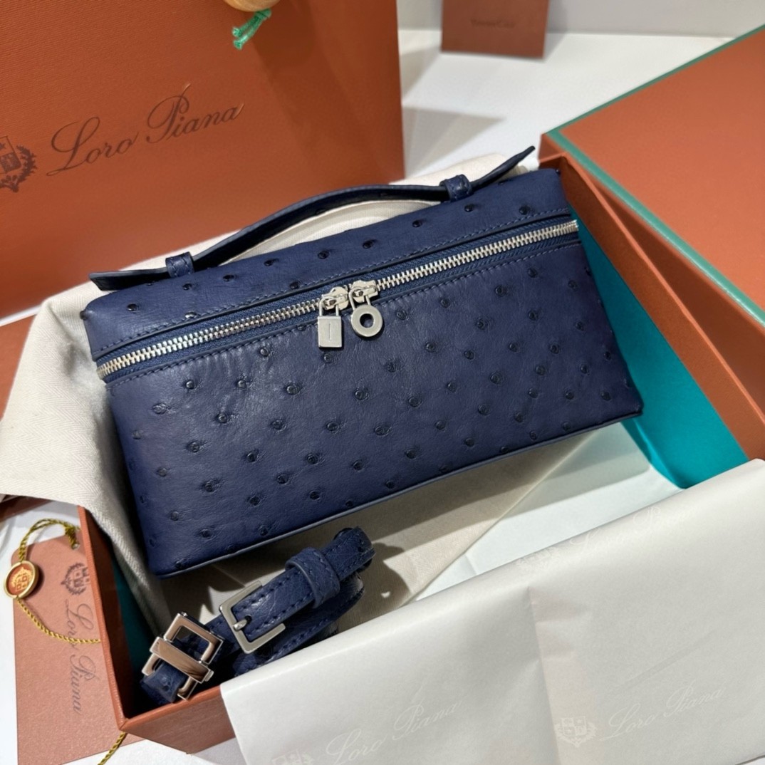 L**o p*ana extra pocket pouch l19 in blue ostrich-embossed leather