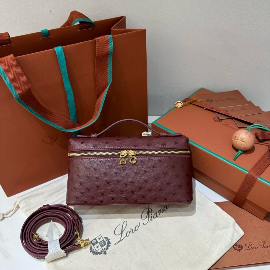 L**o p*ana extra pocket pouch l19 in burgundy ostrich-embossed leather