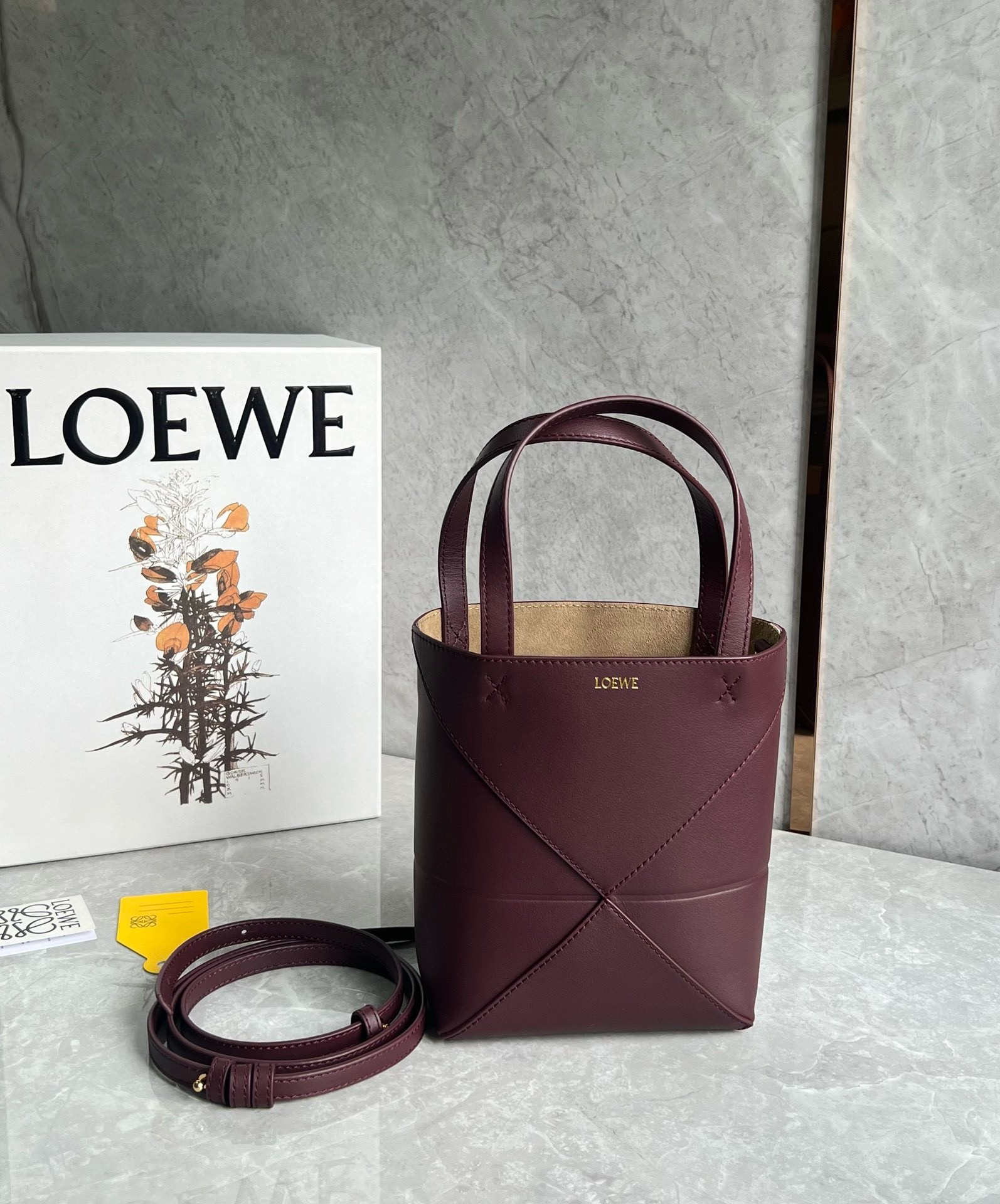 L0ew* mini puzzle fold tote bag in bordeaux calfskin