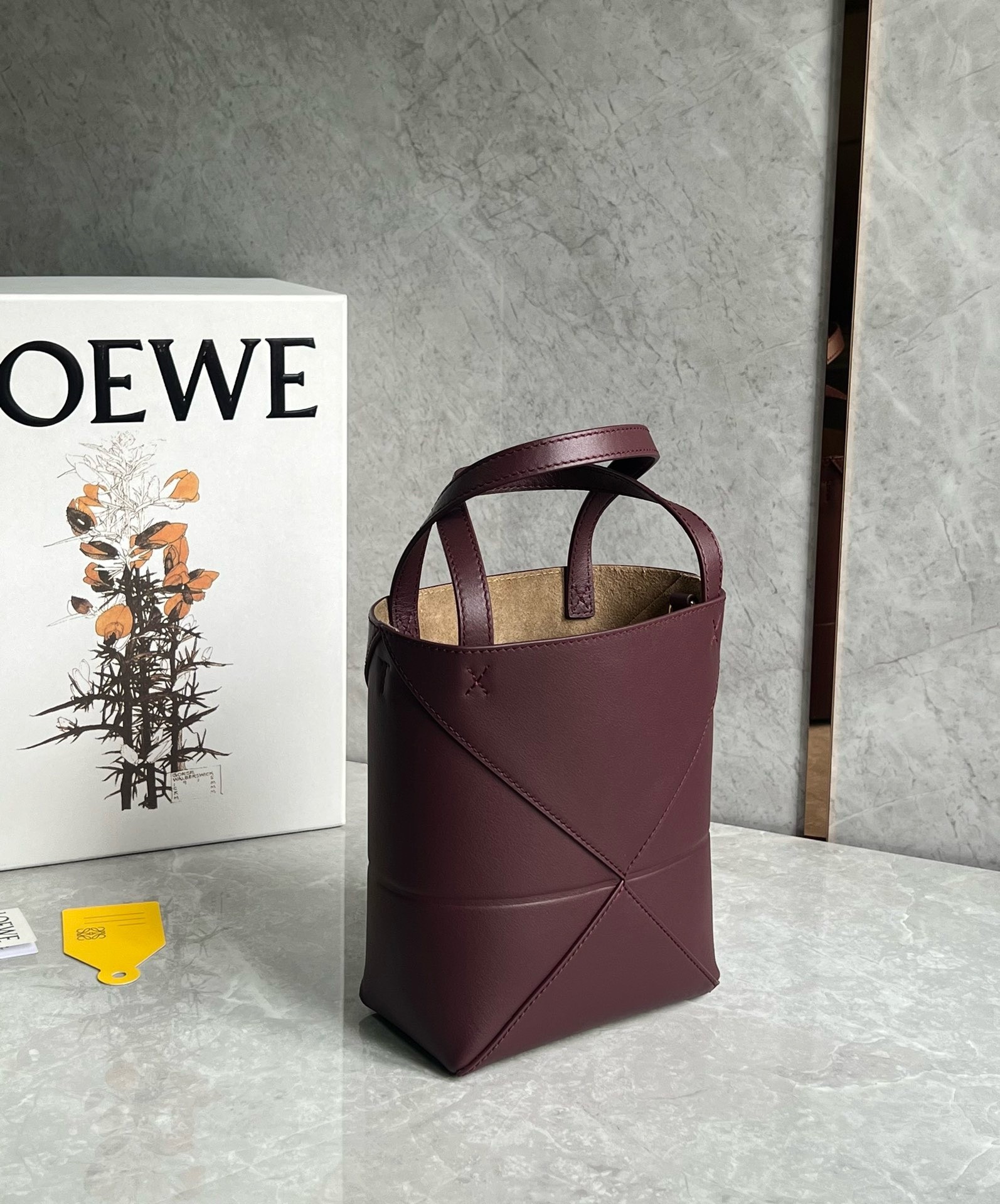 L0ew* mini puzzle fold tote bag in bordeaux calfskin