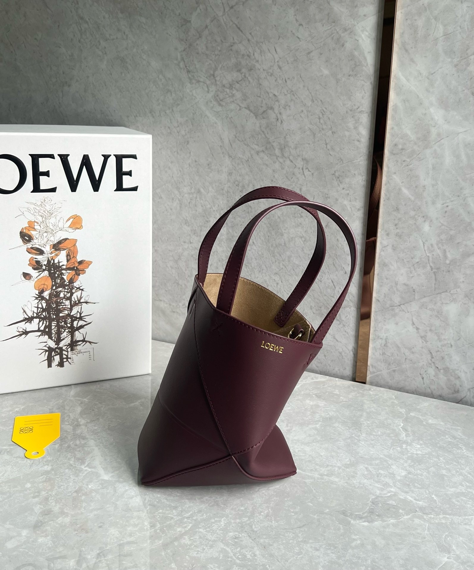 L0ew* mini puzzle fold tote bag in bordeaux calfskin
