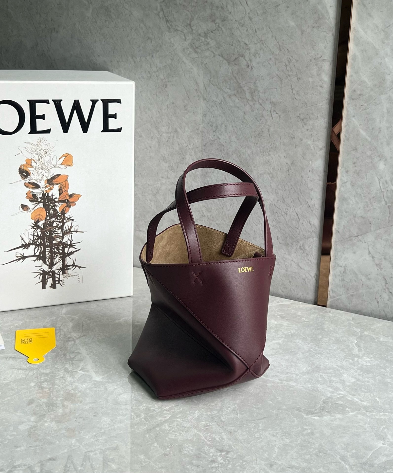 L0ew* mini puzzle fold tote bag in bordeaux calfskin