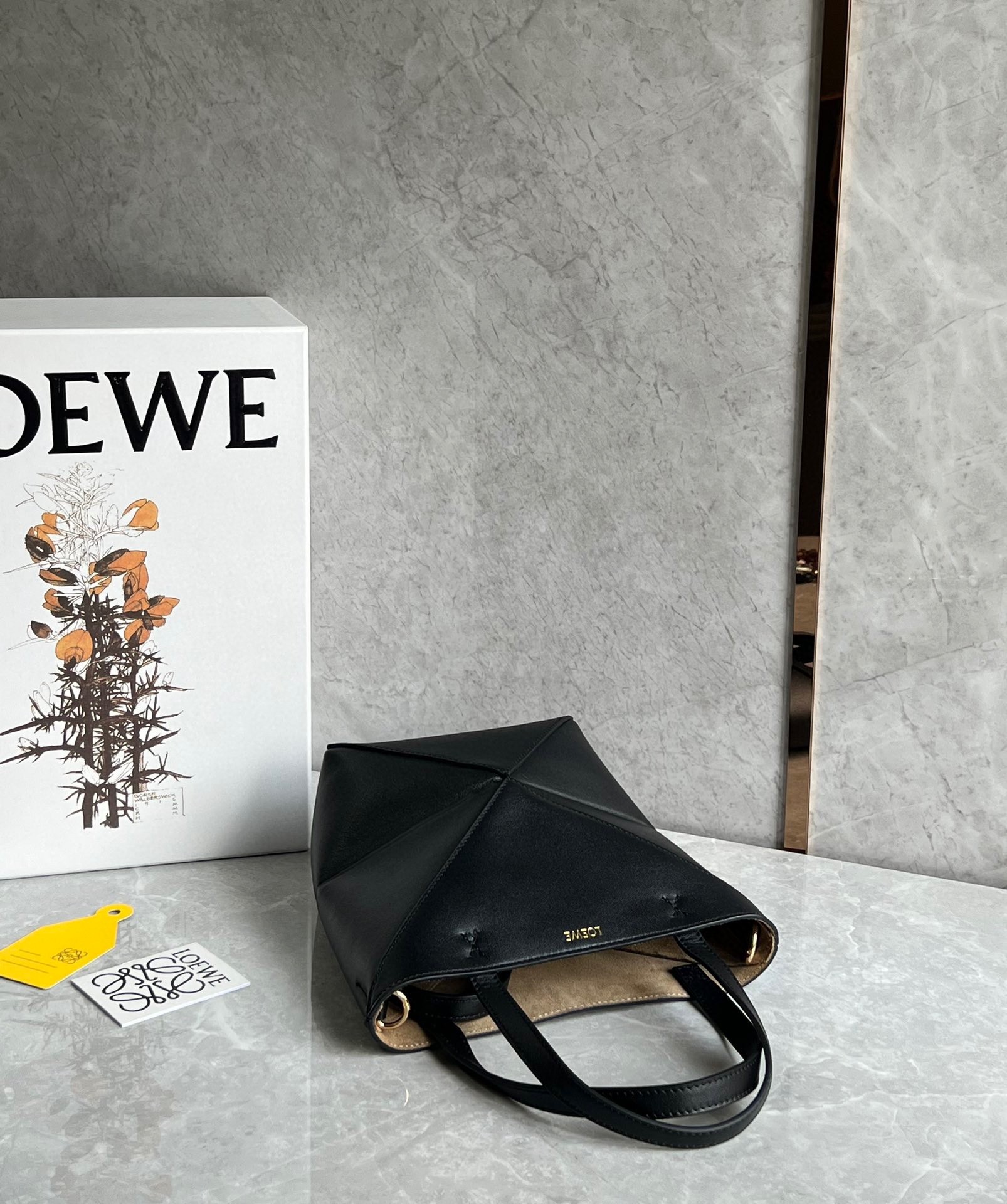 L0ew* mini puzzle fold tote bag in black calfskin