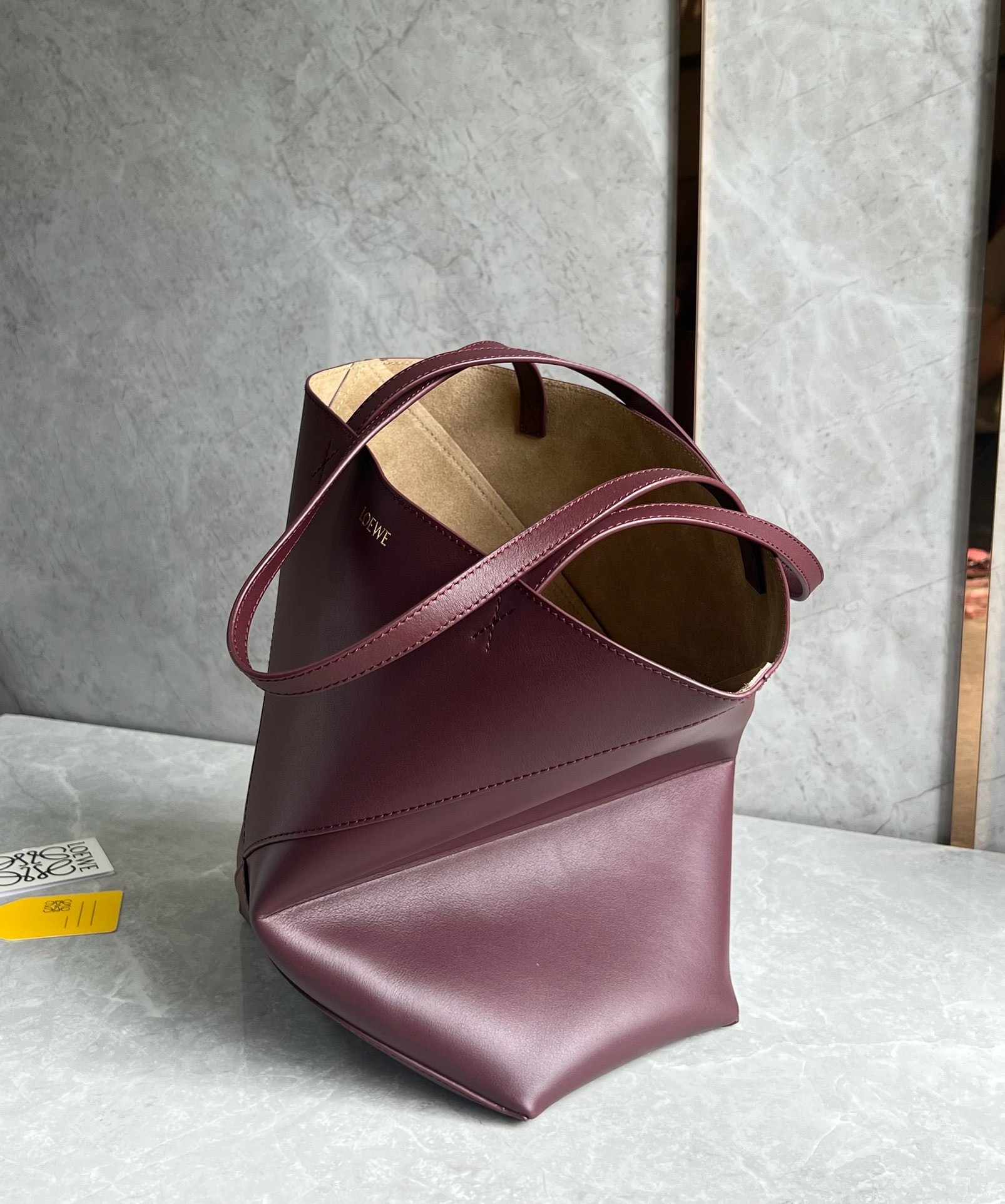 L0ew* medium puzzle fold tote bag in bordeaux calfskin
