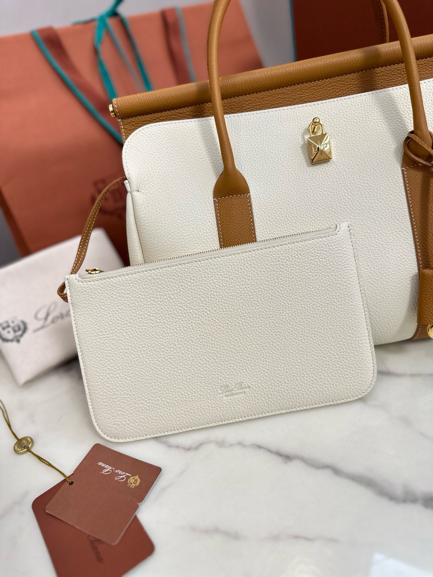 L**o p*ana loom l32 bag in white and tan grained leather