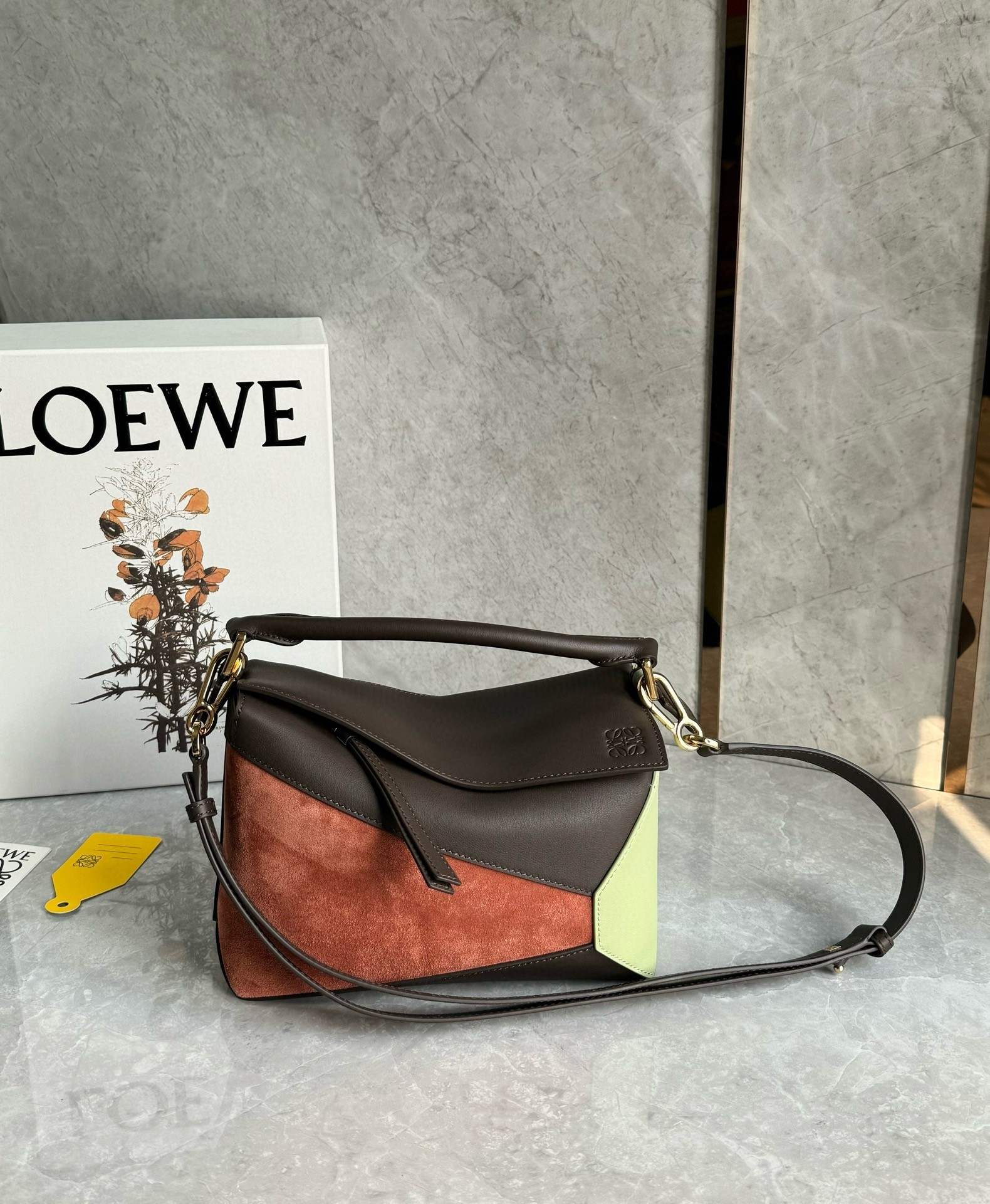 L0ew* puzzle small bag in tan suede and chocolate calfskin