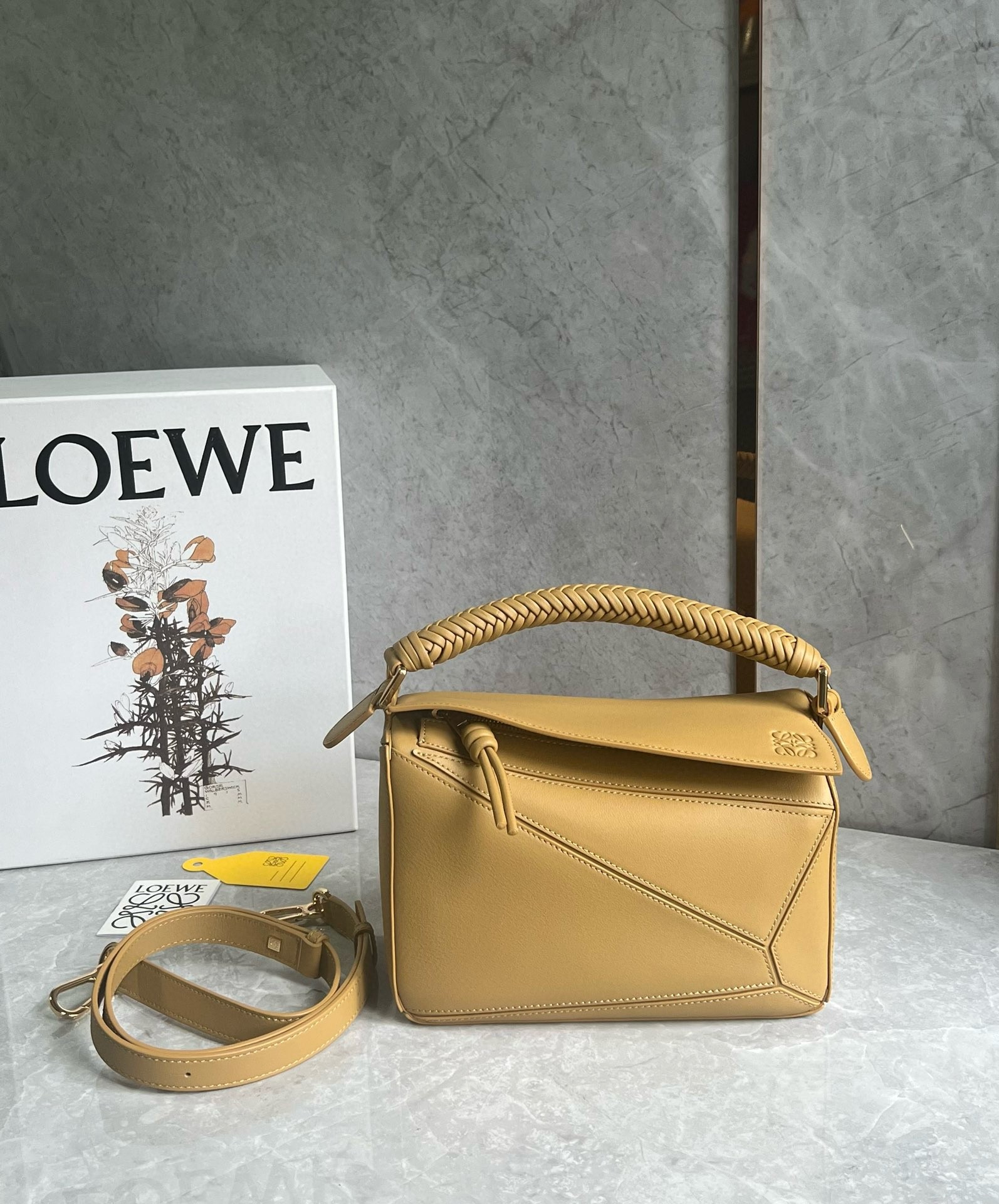 L0ew* puzzle small bag in sahara calfskin with woven handle