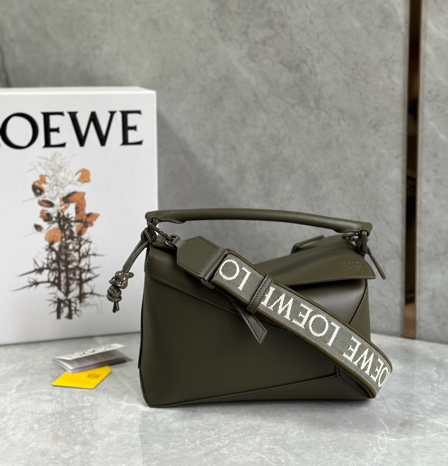 L0ew* puzzle edge small bag in khaki green satin calfskin