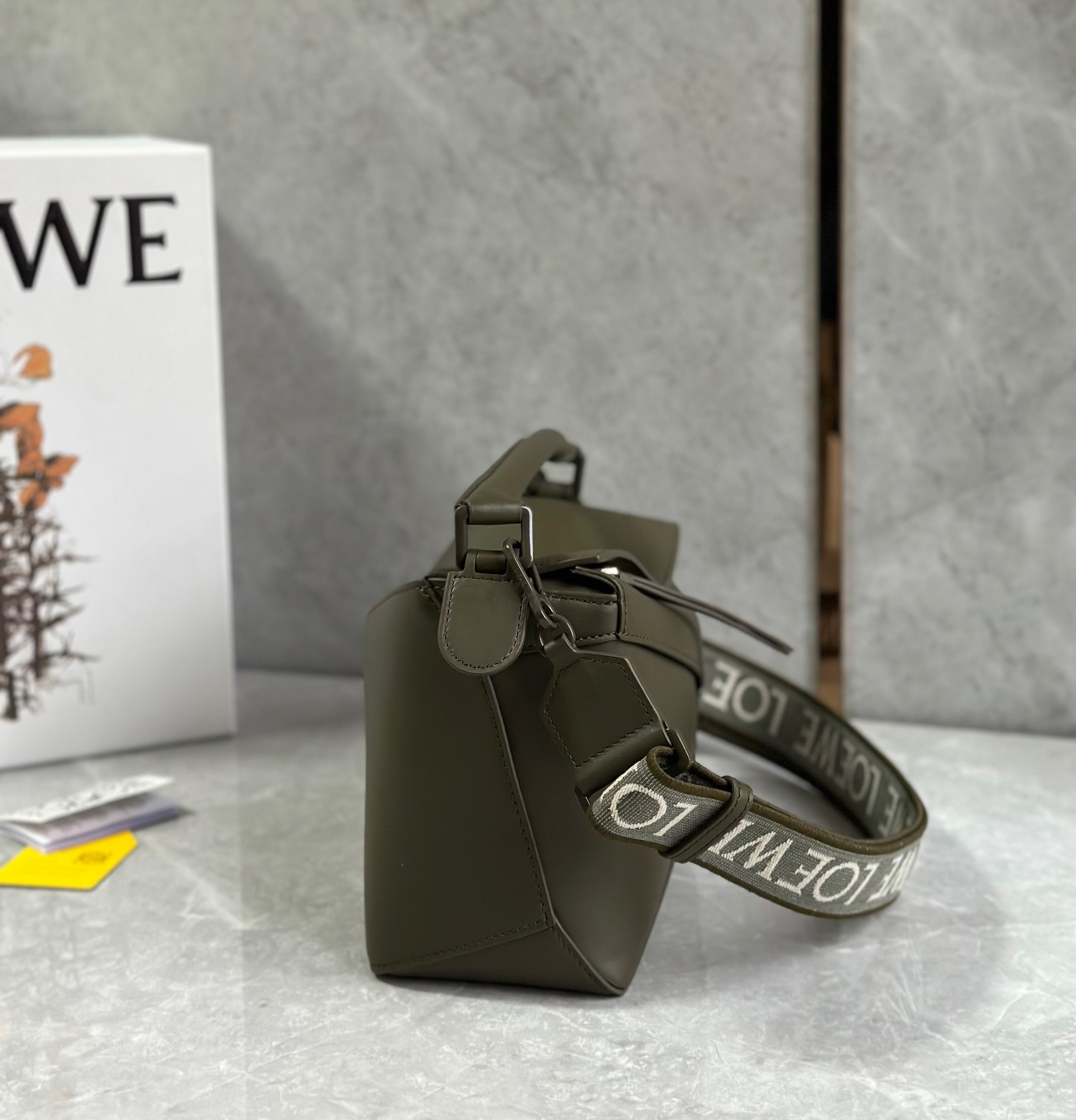 L0ew* puzzle edge small bag in khaki green satin calfskin