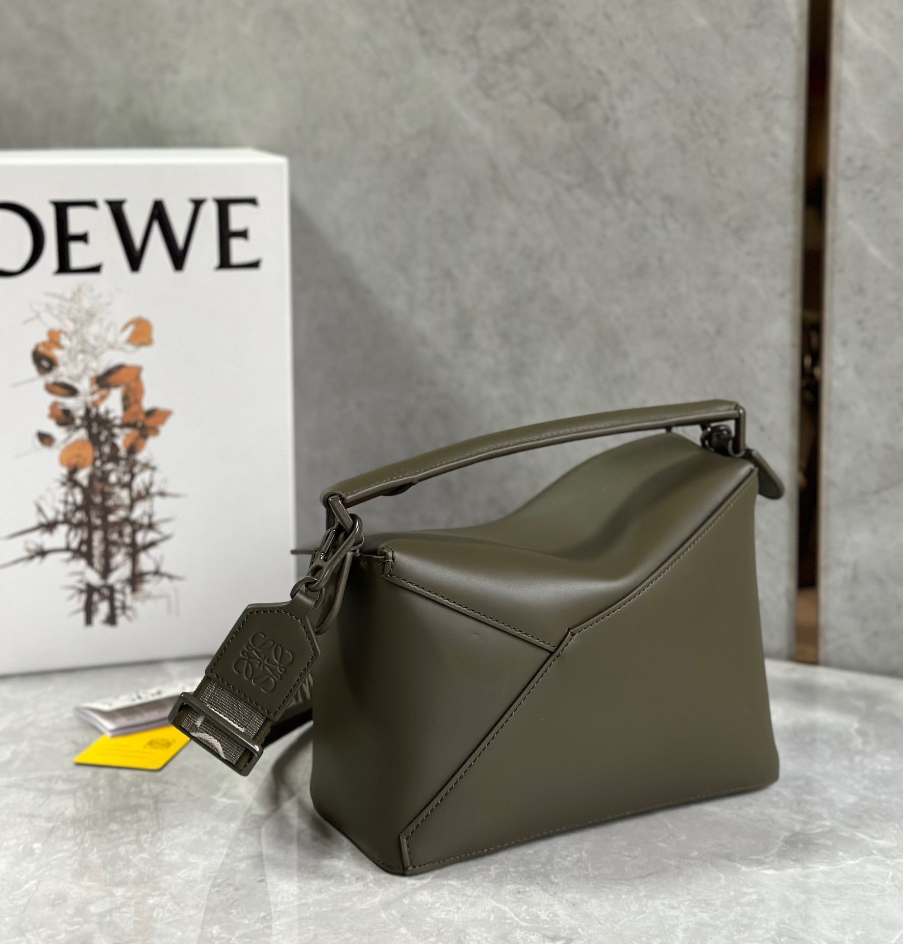 L0ew* puzzle edge small bag in khaki green satin calfskin