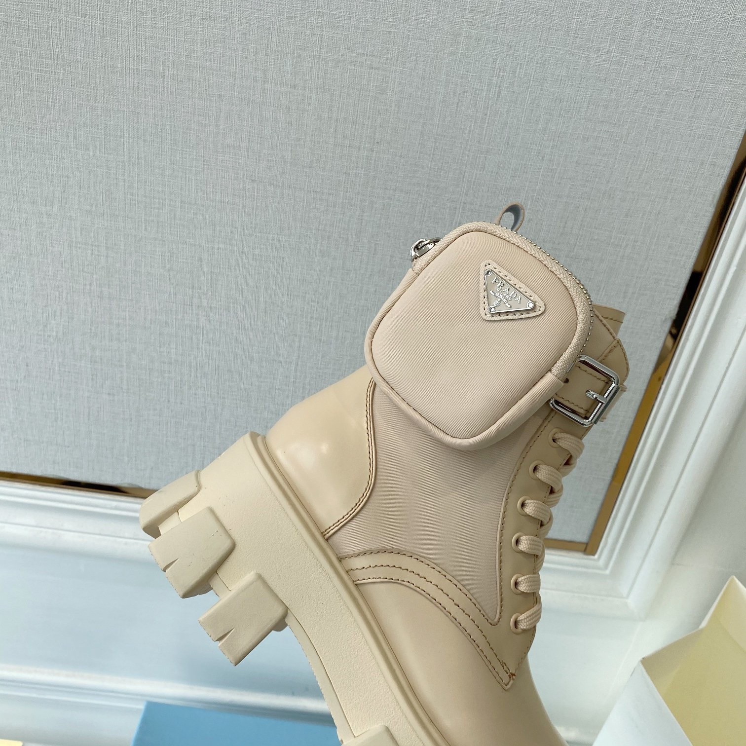 Pra*a monolith boots in beige leather and nylon fabric