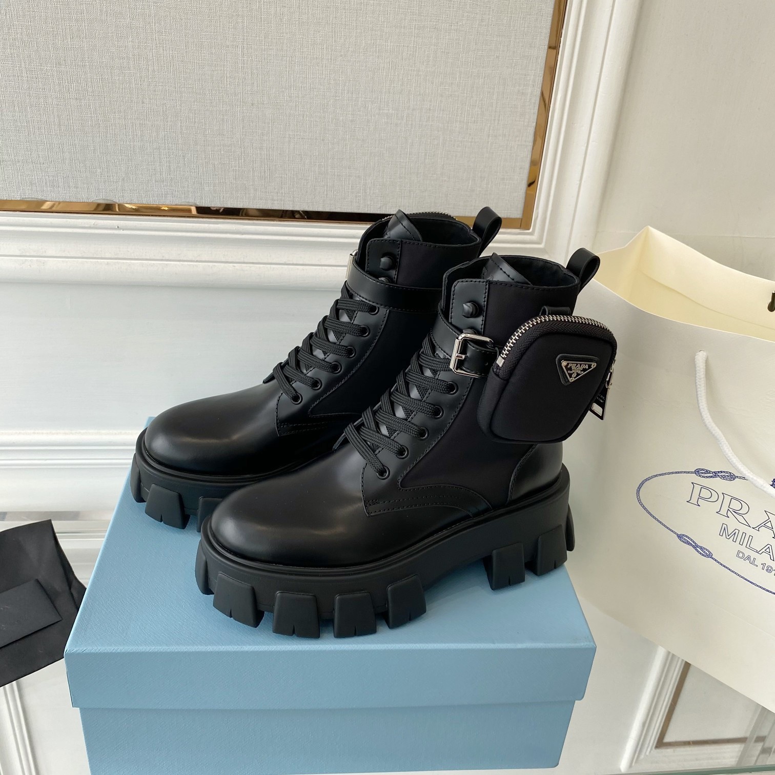 Pra*a monolith boots in black leather and nylon fabric