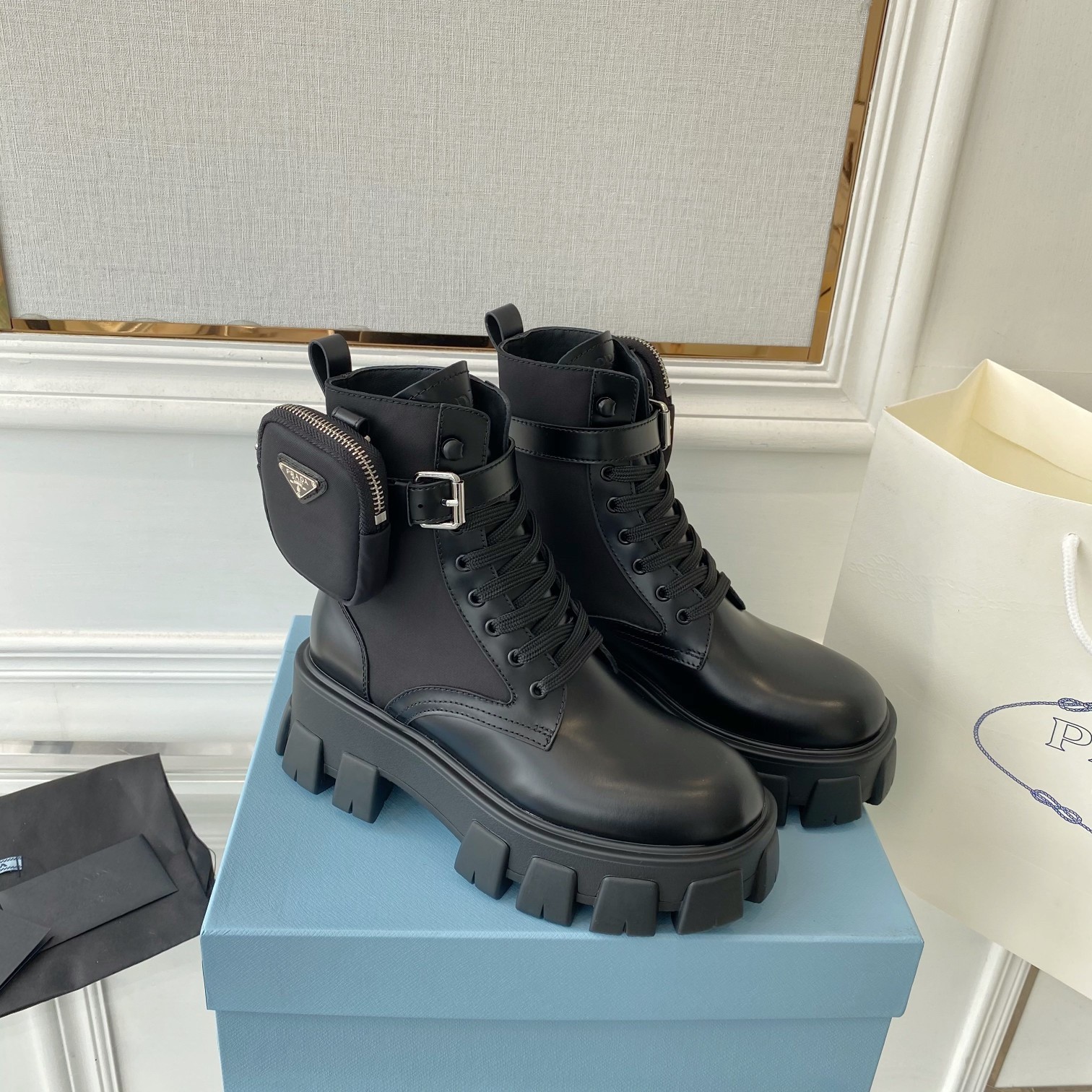 Pra*a monolith boots in black leather and nylon fabric