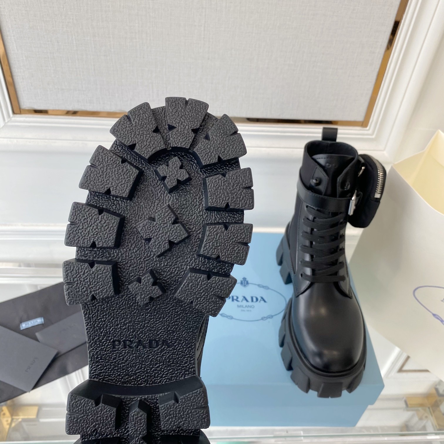 Pra*a monolith boots in black leather and nylon fabric