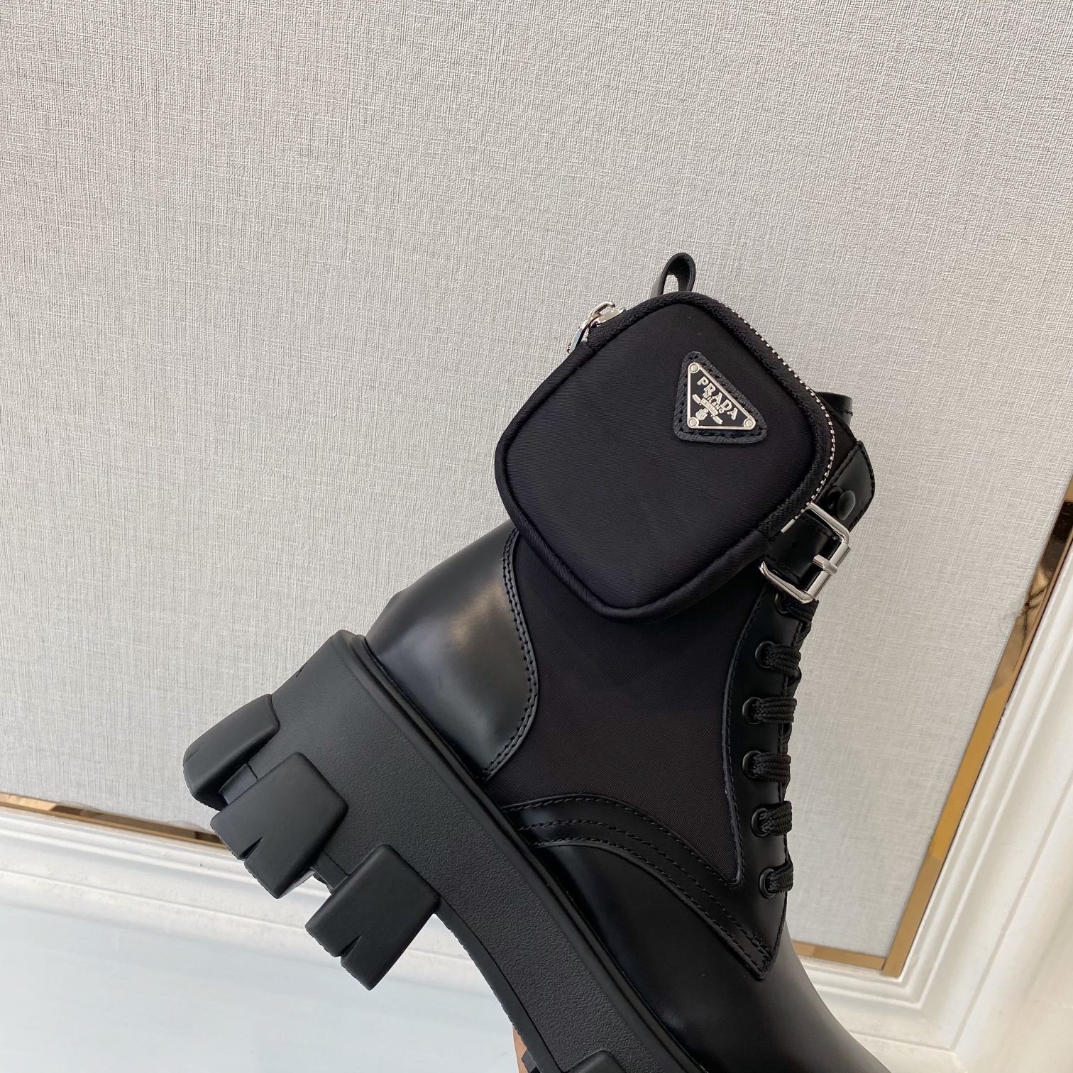 Pra*a monolith boots in black leather and nylon fabric
