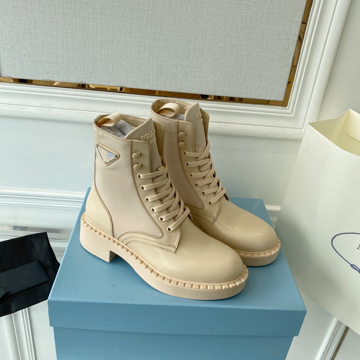 Pra*a ankle boots in beige brushed leather and re-nylon