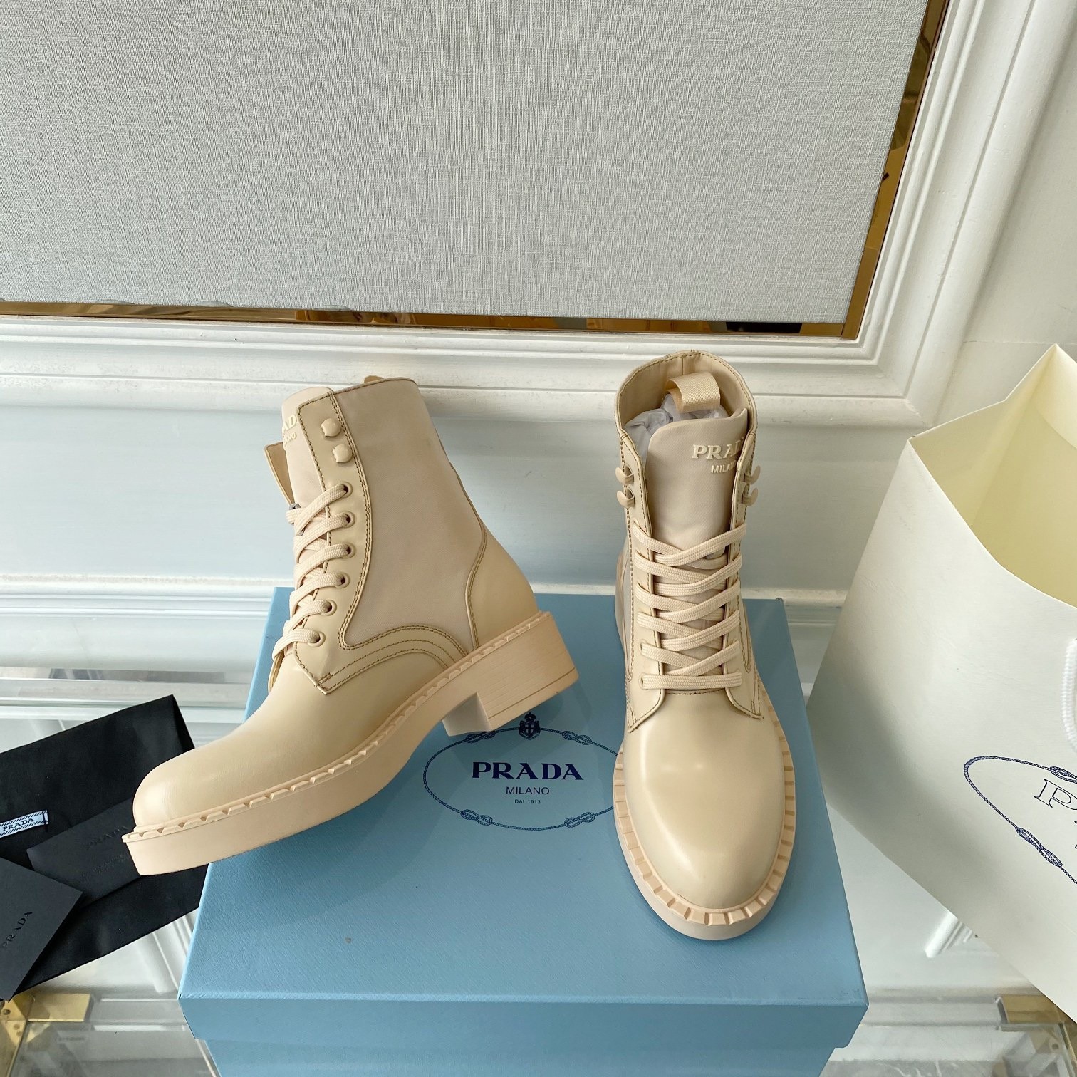 Pra*a ankle boots in beige brushed leather and re-nylon