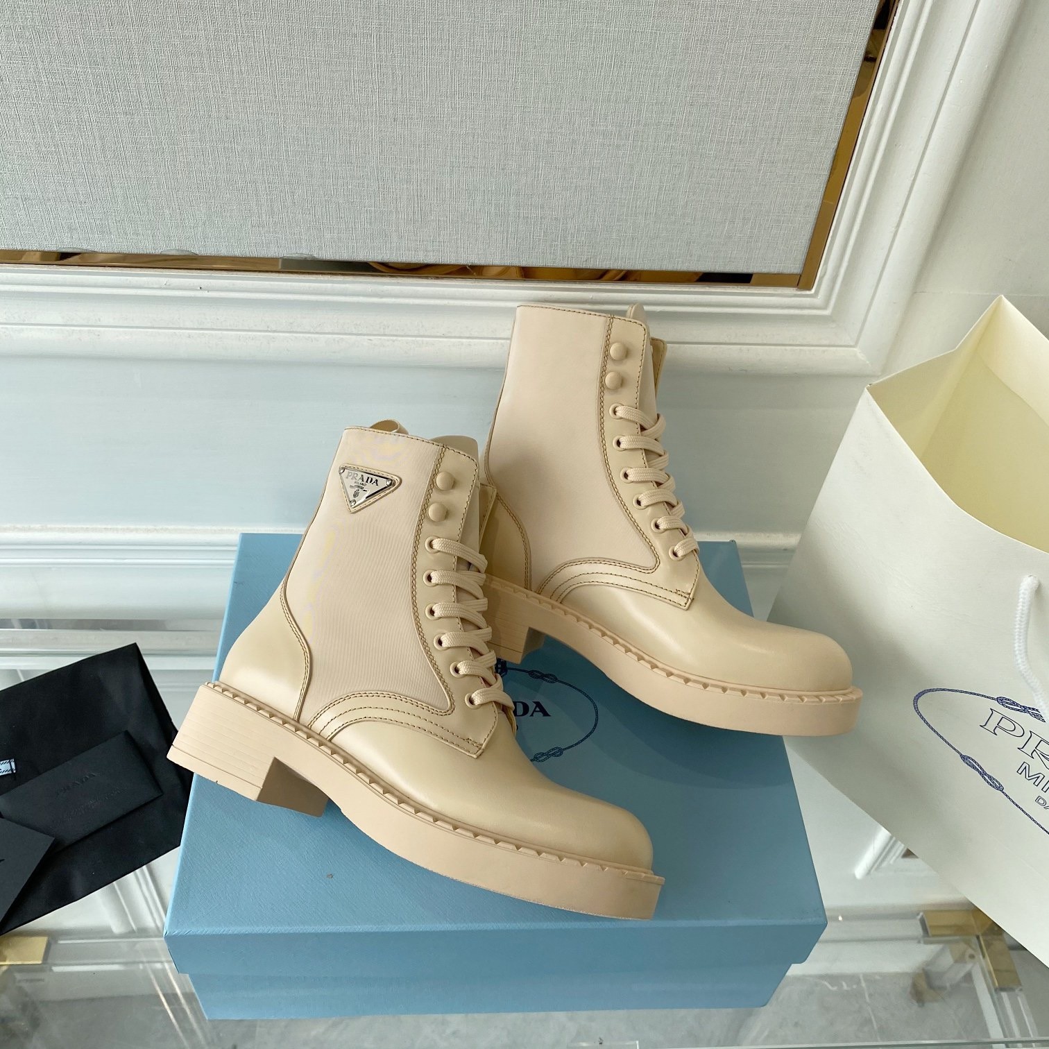 Pra*a ankle boots in beige brushed leather and re-nylon
