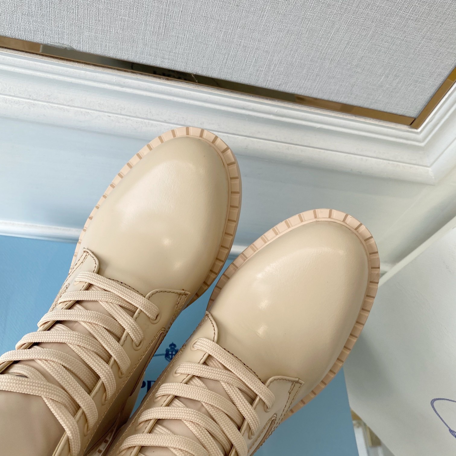 Pra*a ankle boots in beige brushed leather and re-nylon