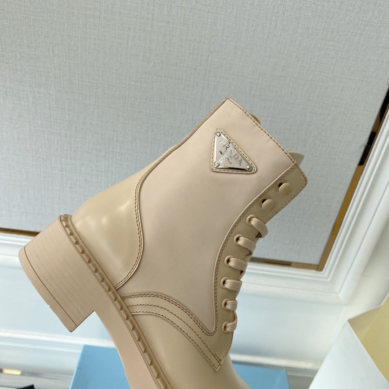Pra*a ankle boots in beige brushed leather and re-nylon