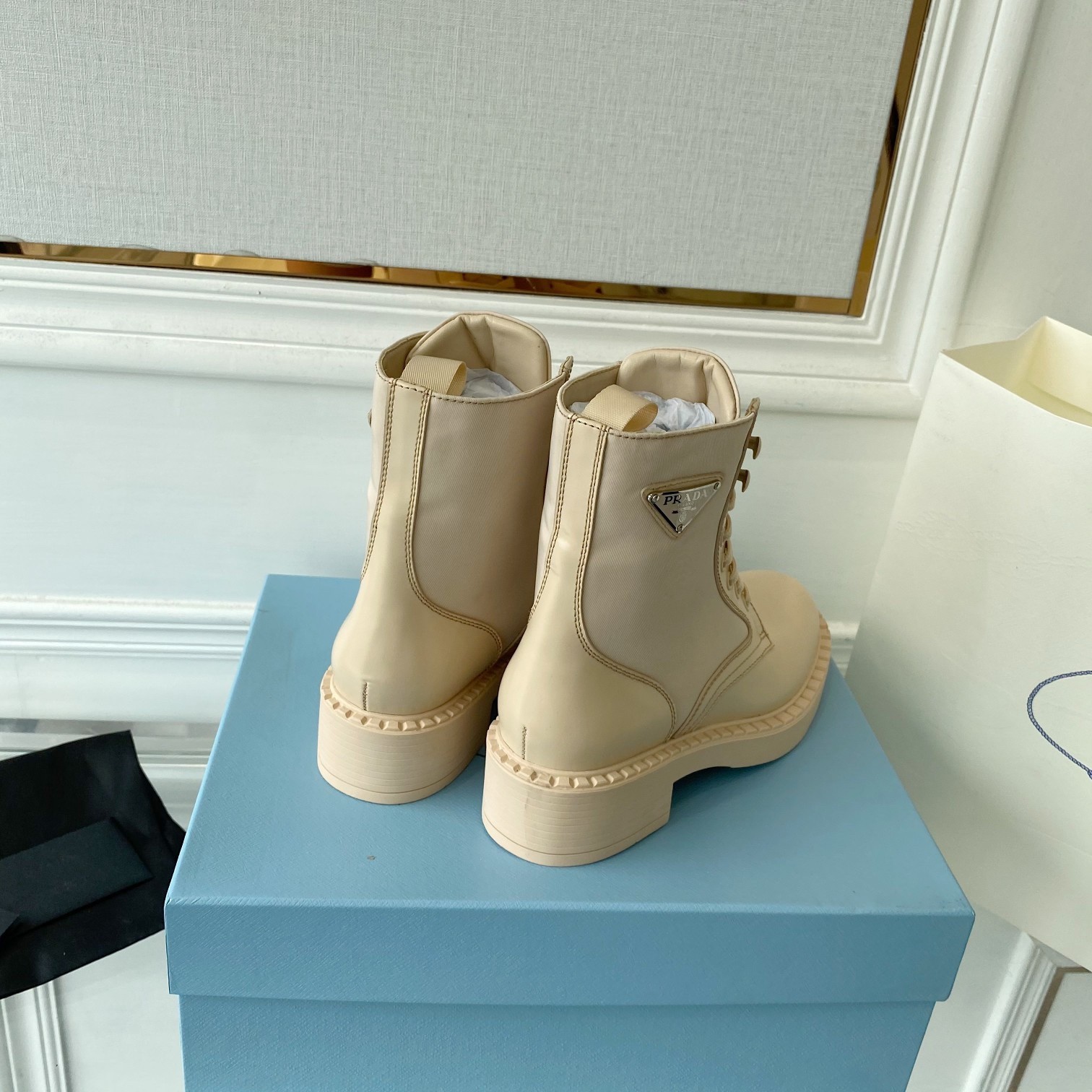 Pra*a ankle boots in beige brushed leather and re-nylon