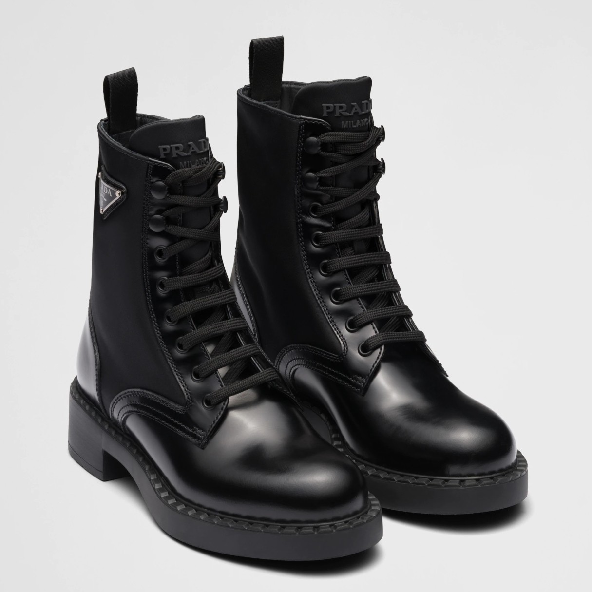 Pra*a ankle boots in black brushed leather and re-nylon