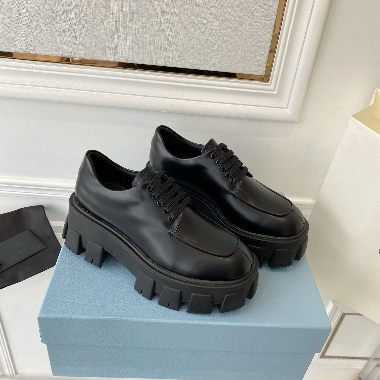 Pra*a monolith lace-up loafers in black brushed leather
