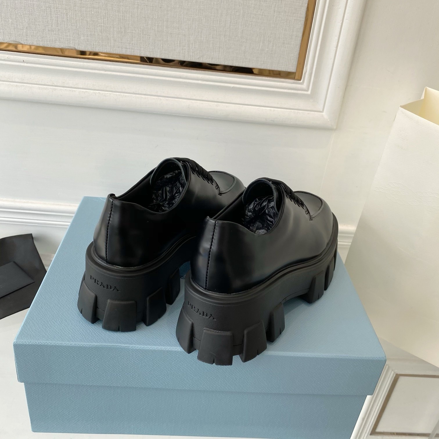 Pra*a monolith lace-up loafers in black brushed leather