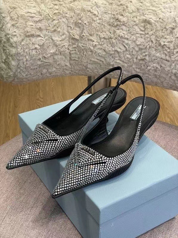 Pra*a satin slingback pumps with crystals