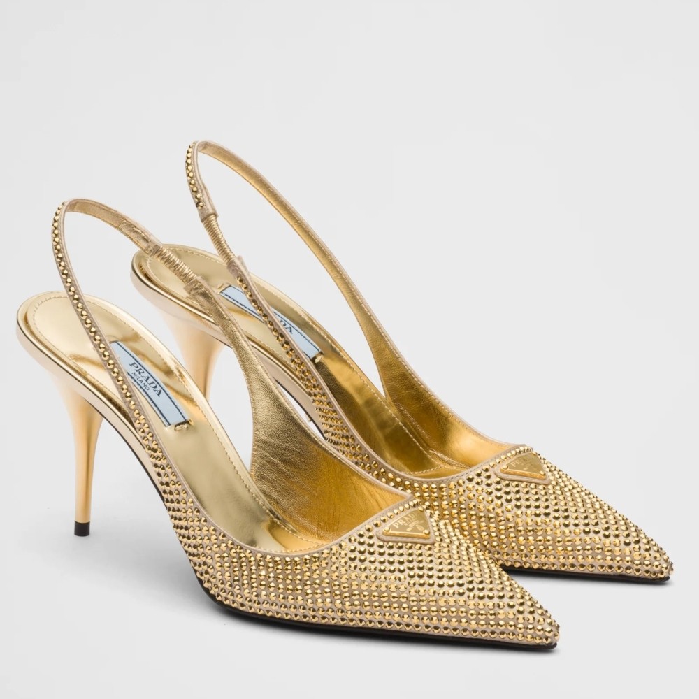 Pra*a slingbacks pumps 85mm in satin with crystals