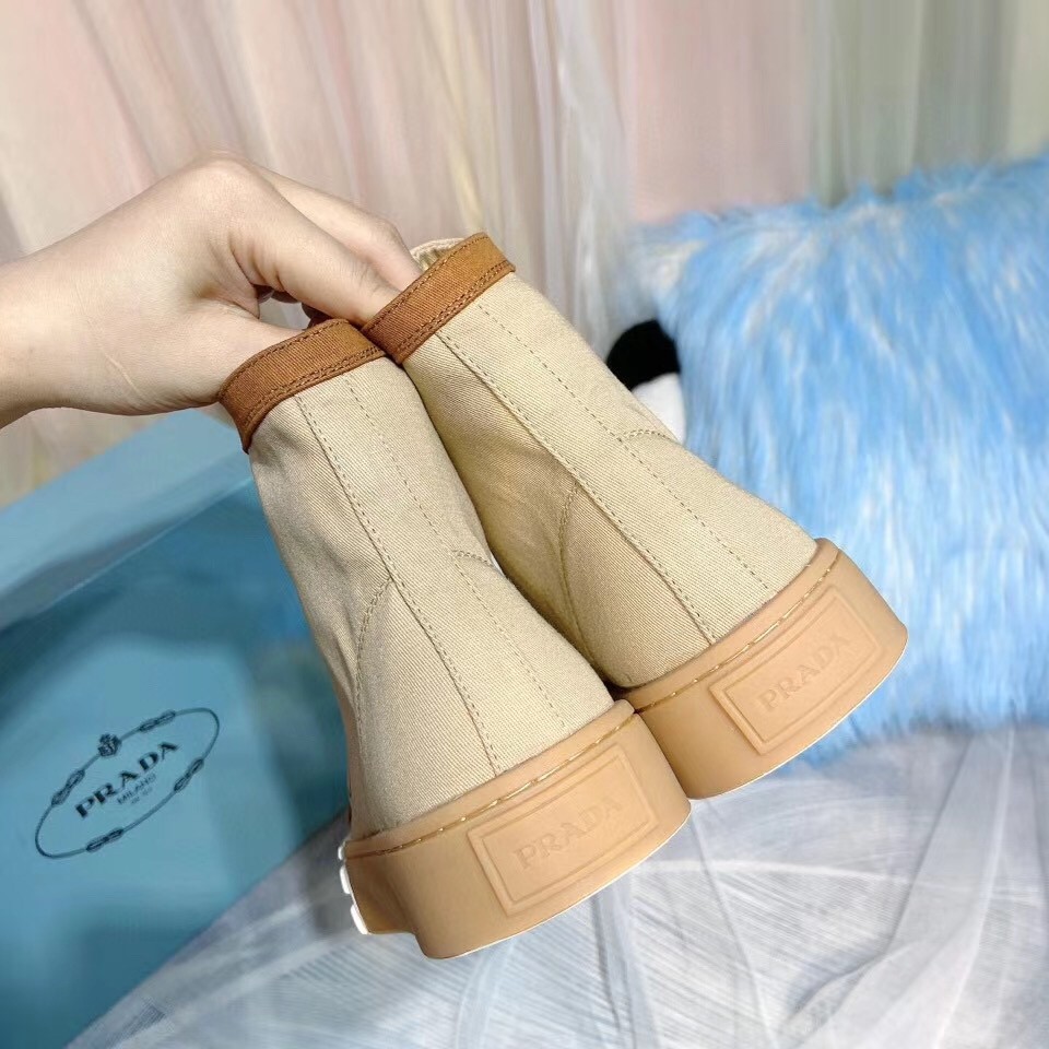 Pra*a beige/tan gabardine high-top sneakers