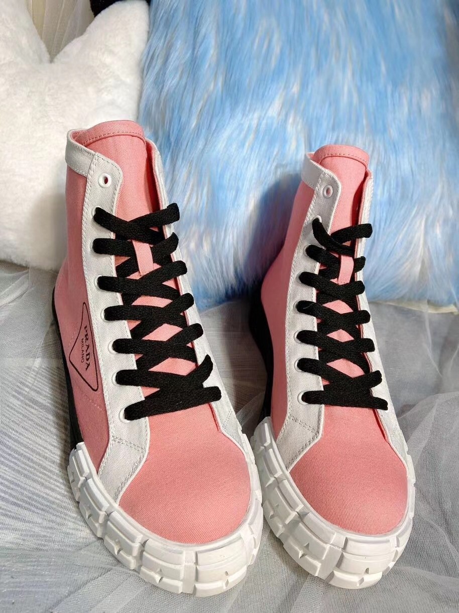 Pra*a pink/white gabardine high-top sneakers