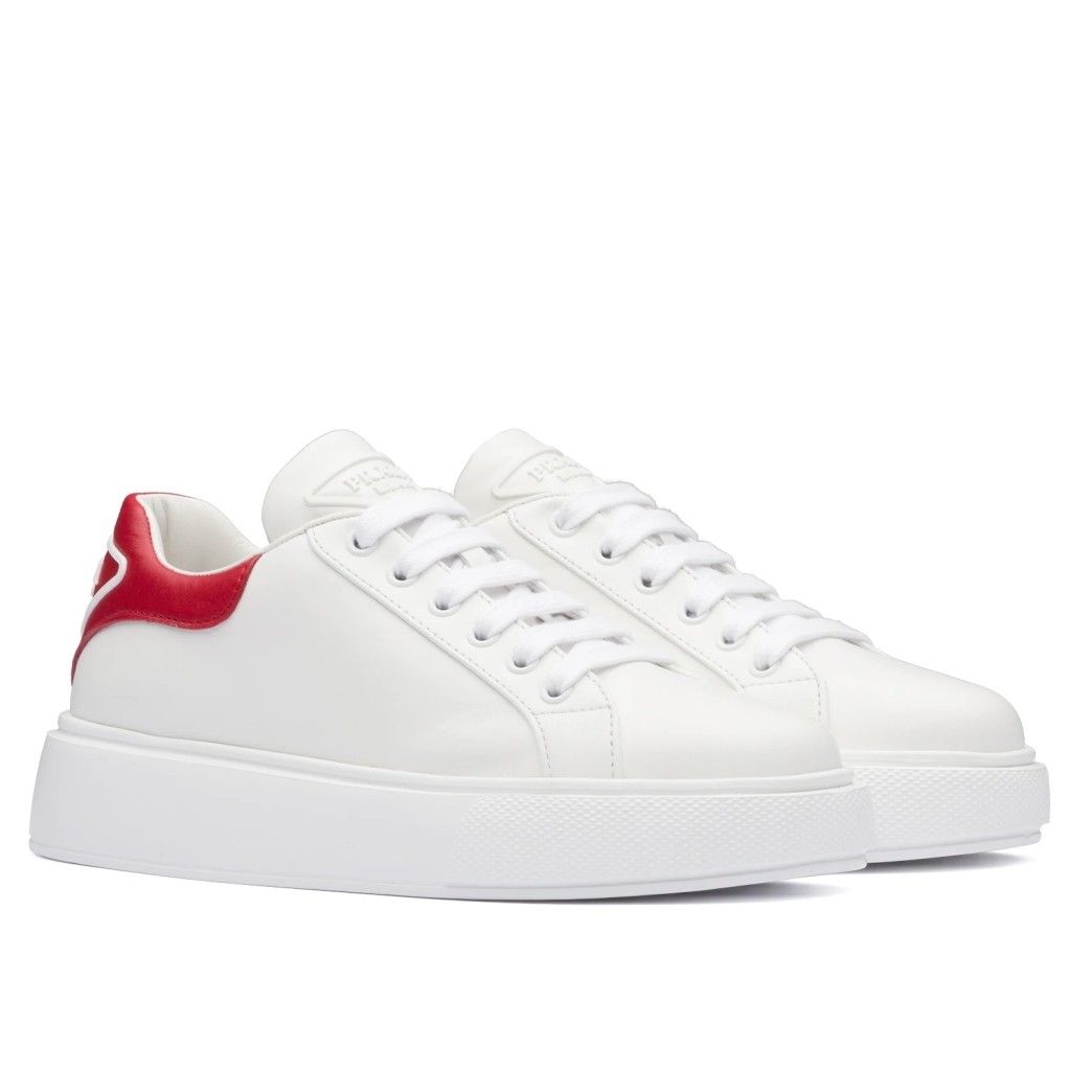 Pra*a women''s sneakers with red triangle logo heel