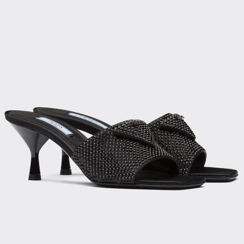 Pra*a black satin heeled sandals with crystals
