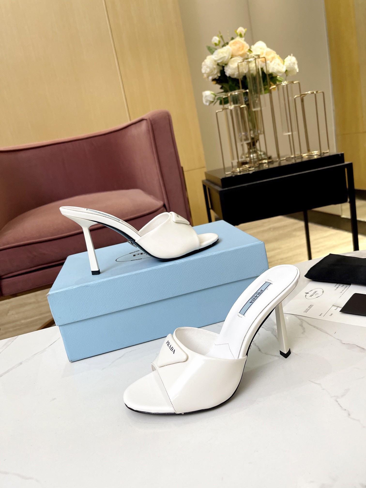 Pra*a heeled sandals 75mm in white brushed leather