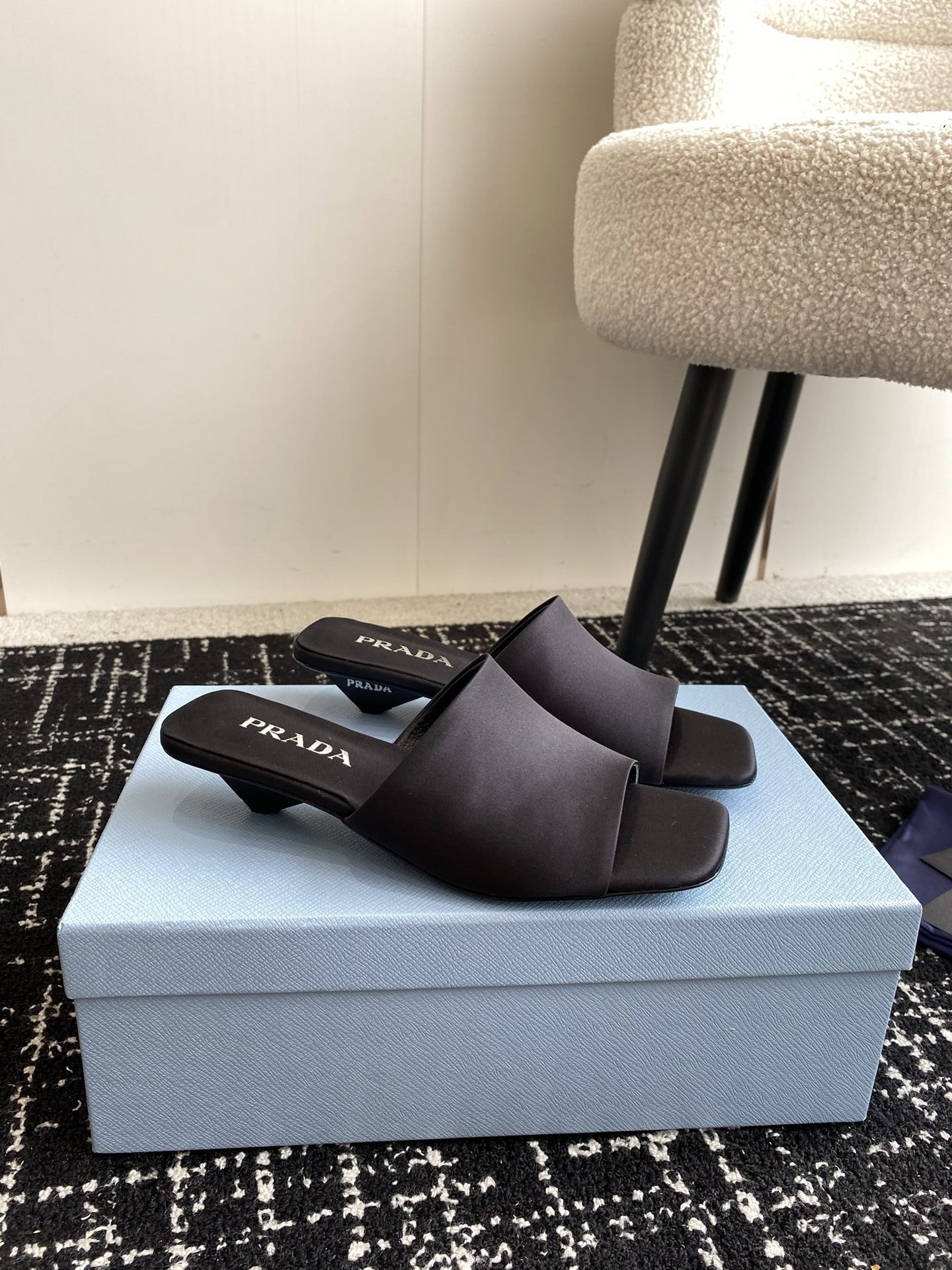 Pra*a heeled slides 35mm in black satin