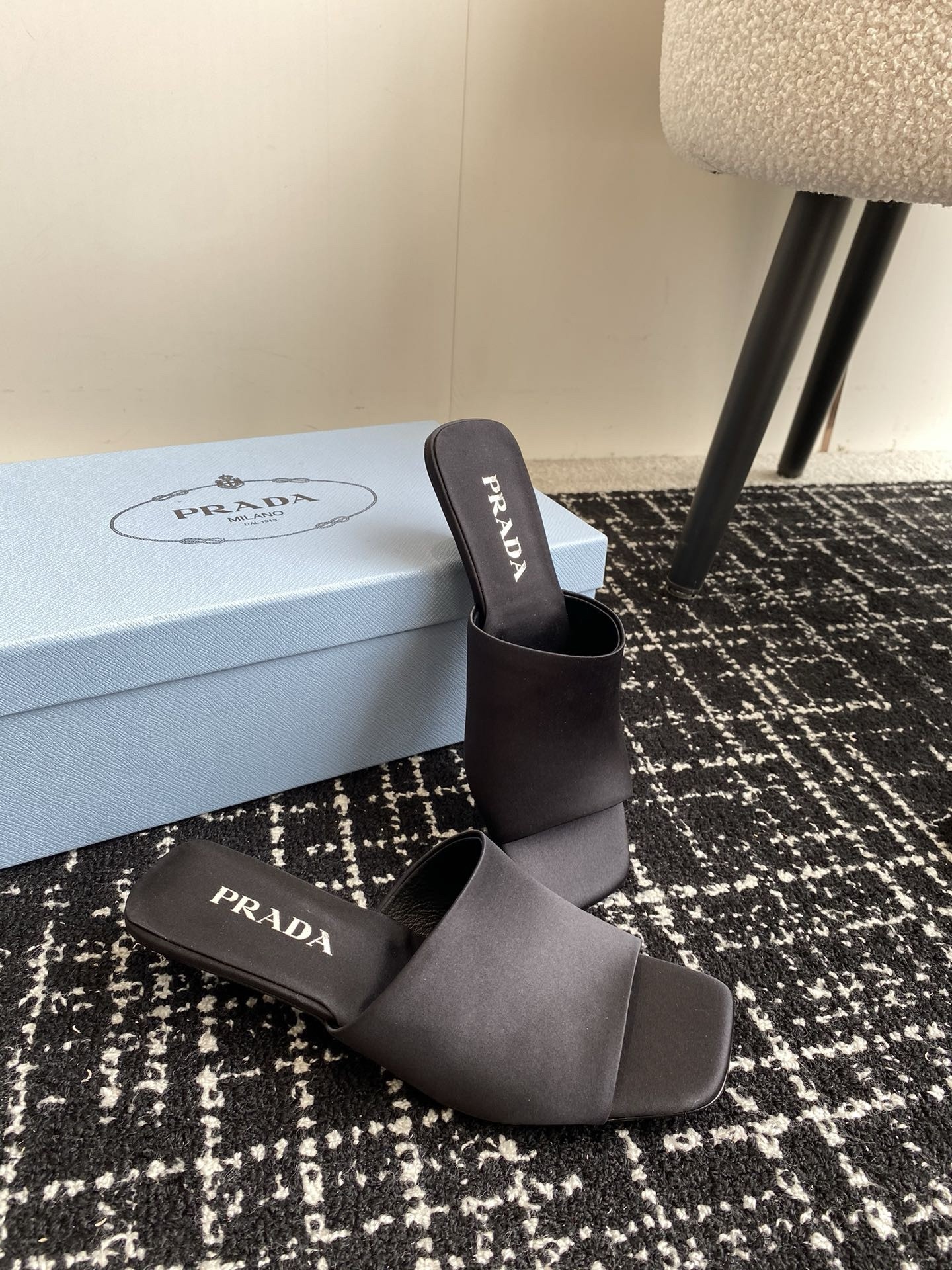 Pra*a heeled slides 35mm in black satin