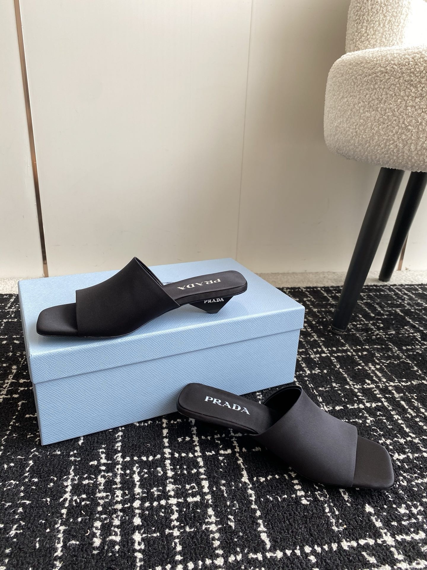 Pra*a heeled slides 35mm in black satin