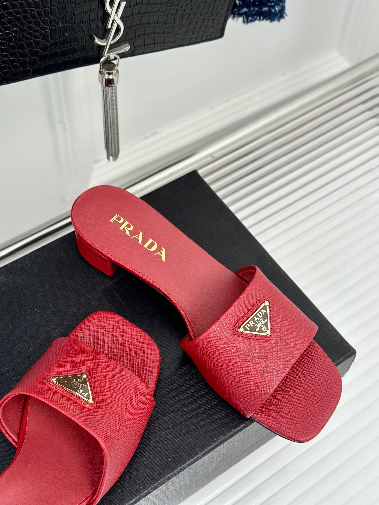 Pra*a heeled sandals 35mm in red saffiano leather