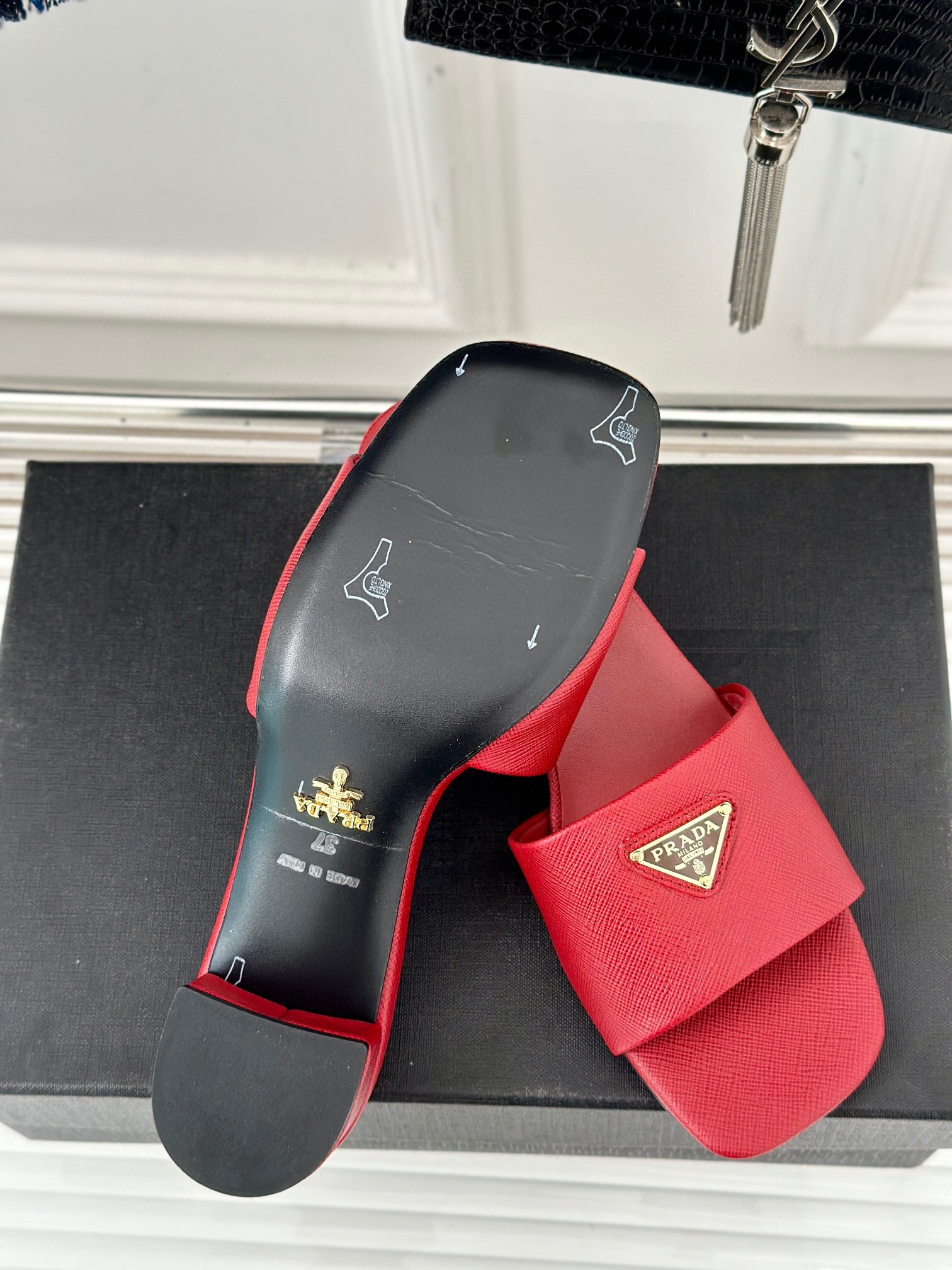Pra*a heeled sandals 35mm in red saffiano leather