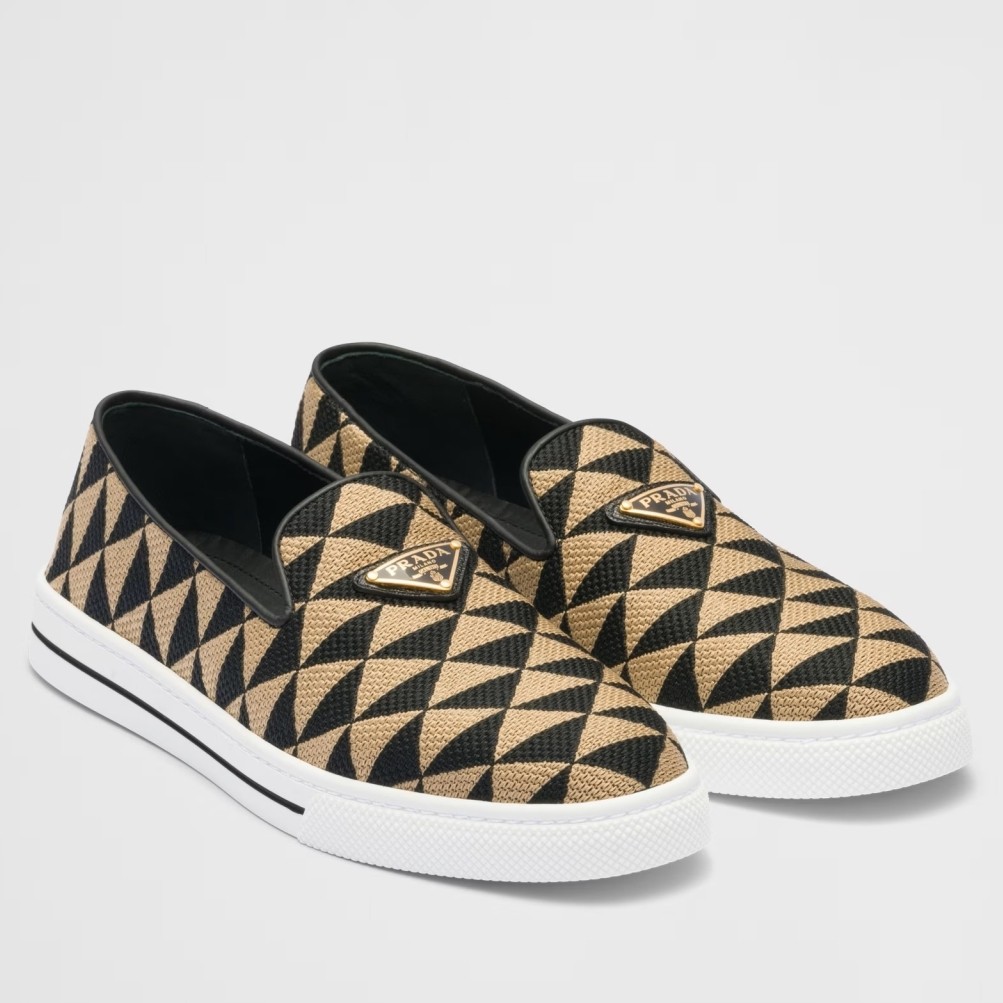 Pra*a slip-on sneakers in black/beige embroidered fabric
