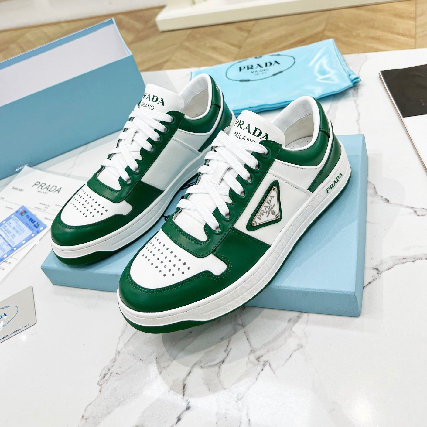 Pra*a downtown sneakers in white and green calfskin