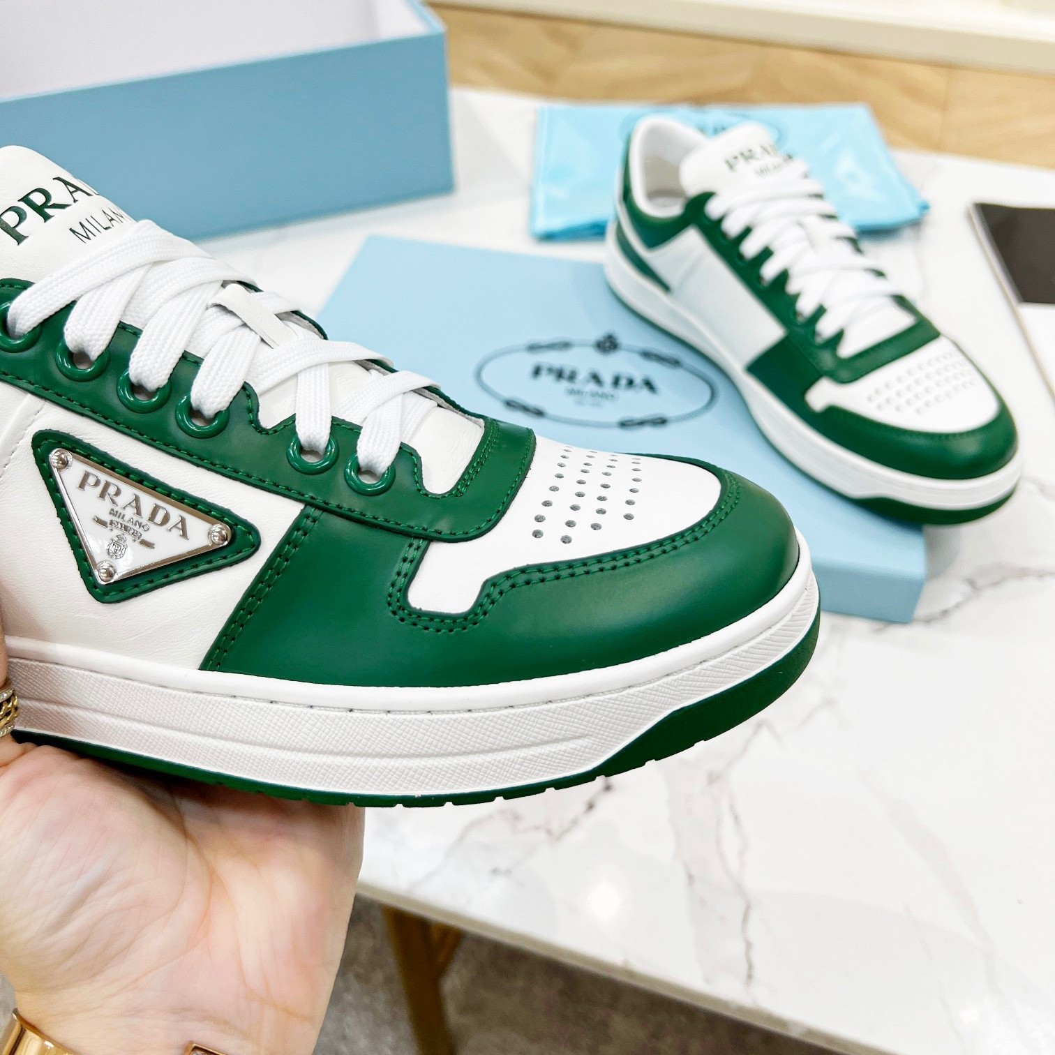 Pra*a downtown sneakers in white and green calfskin