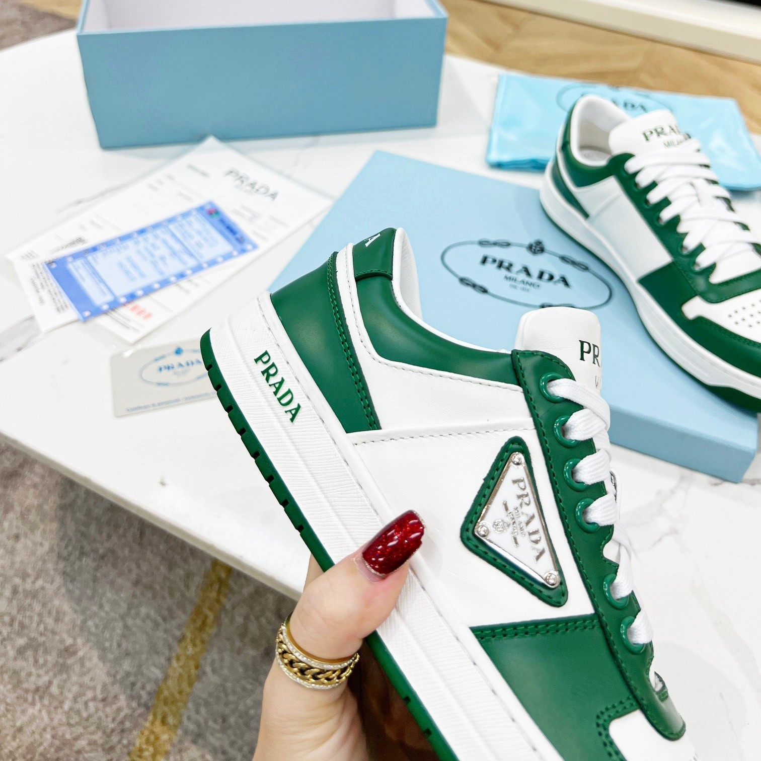 Pra*a downtown sneakers in white and green calfskin
