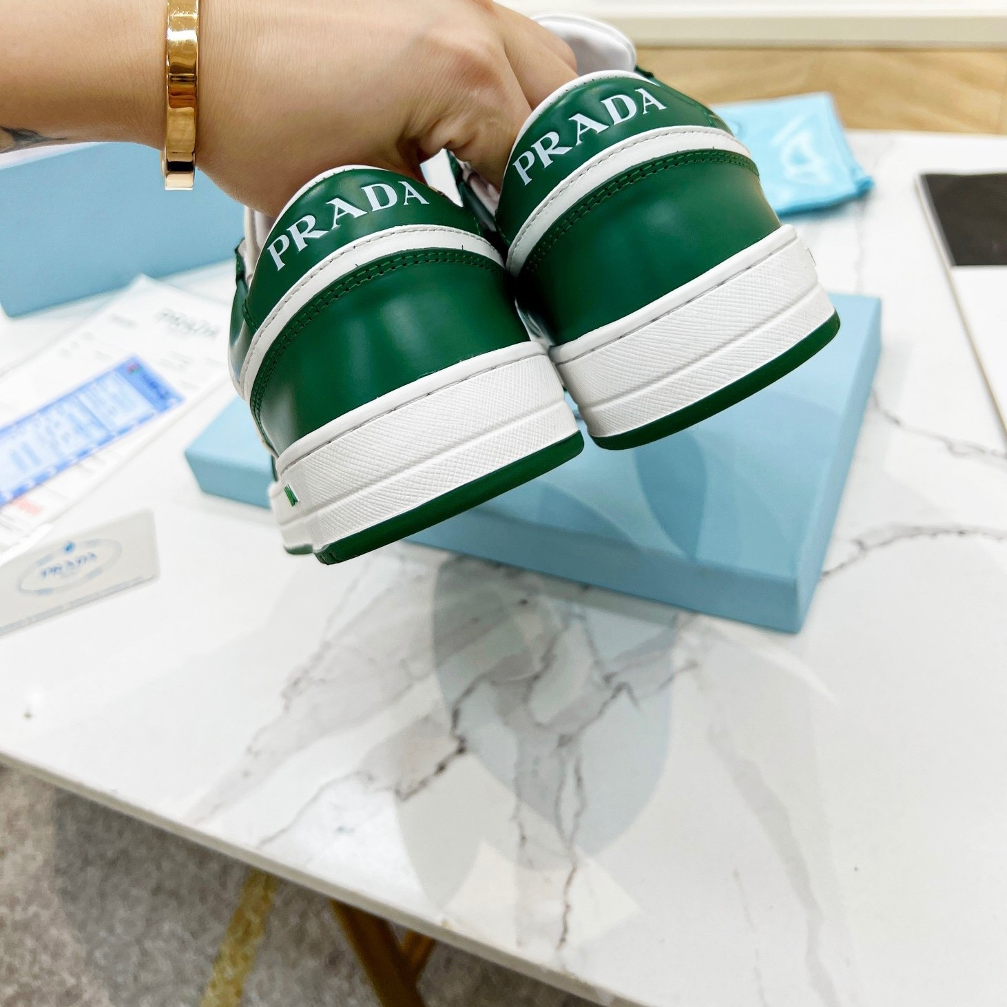 Pra*a downtown sneakers in white and green calfskin